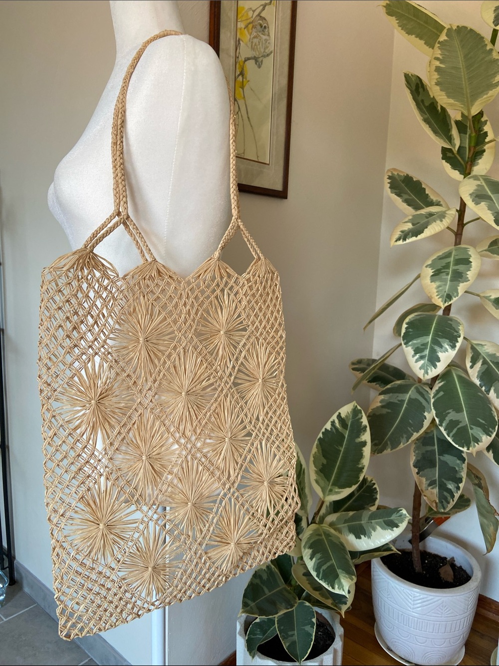 Handwoven Beige Straw Tote Bag - Natural Beach Market Tote Set of 2